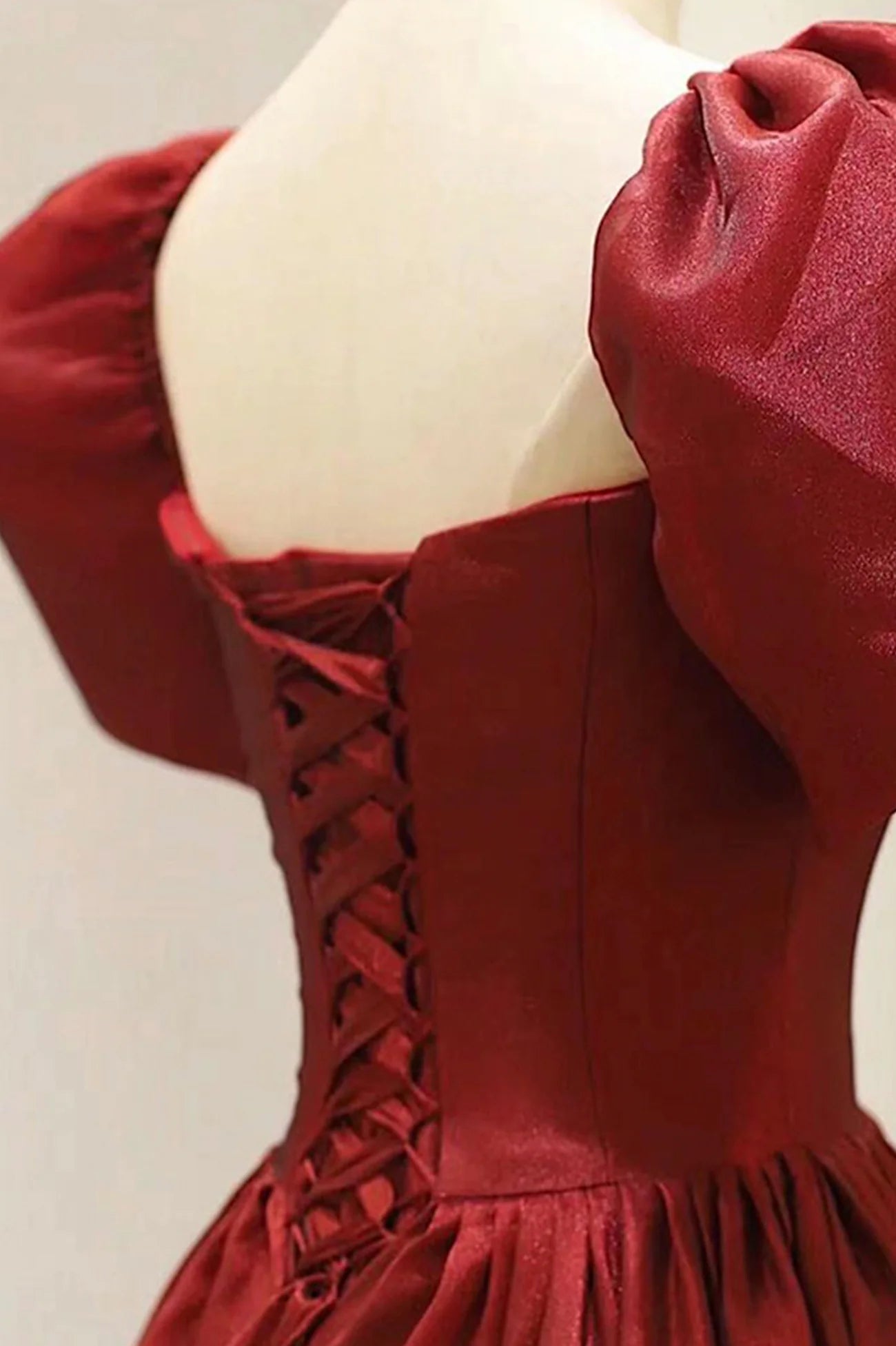 A Line Square Neck Short Sleeves Burgundy Prom Dress Evening Dress