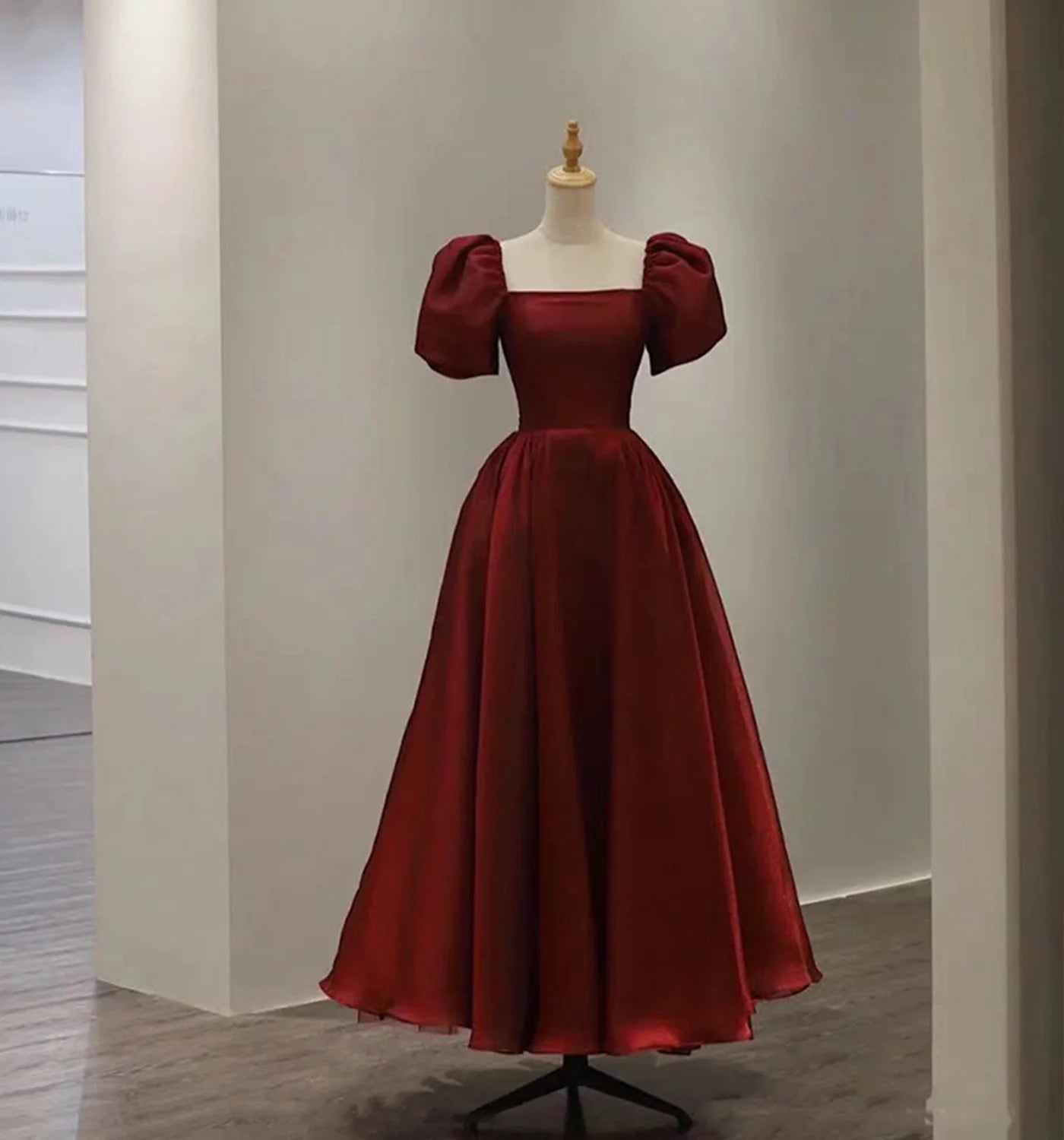 A Line Square Neck Short Sleeves Burgundy Prom Dress Evening Dress