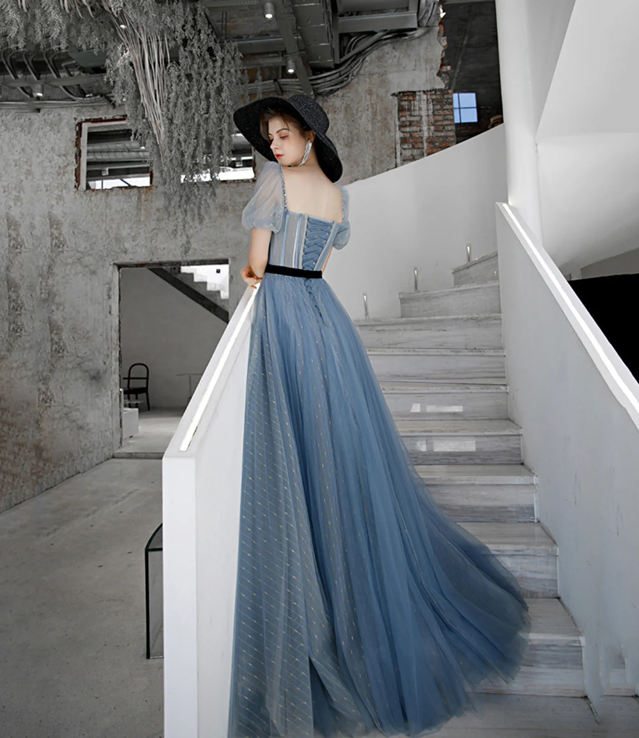 A Line Square Neck Short Sleeves Tulle Blue Long Prom Dress