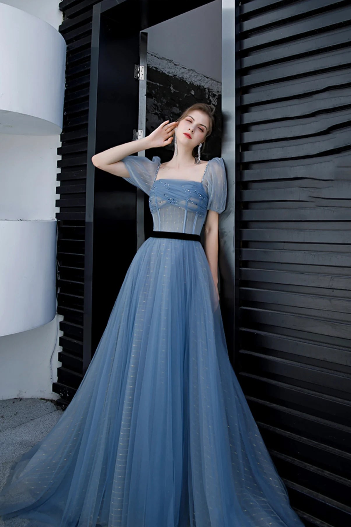 A Line Square Neck Short Sleeves Tulle Blue Long Prom Dress