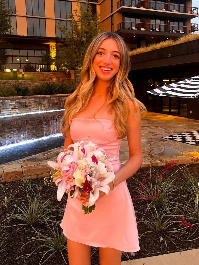 A Line Square Neck Strapless Sleeveless Pink Short Homecoming Dress