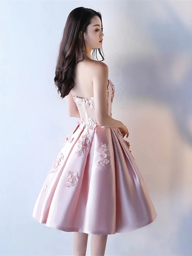 A Line Strapless Applique Satin Pink Short Prom Dress Homecoming Dress