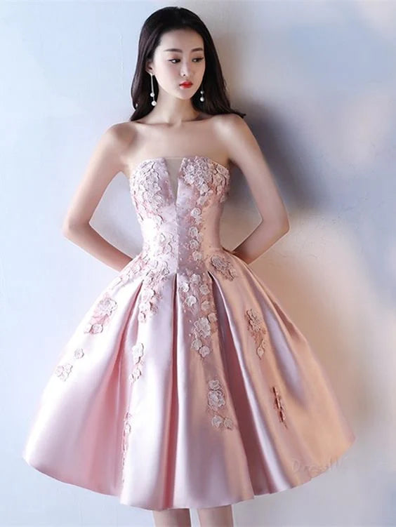 A Line Strapless Applique Satin Pink Short Prom Dress Homecoming Dress