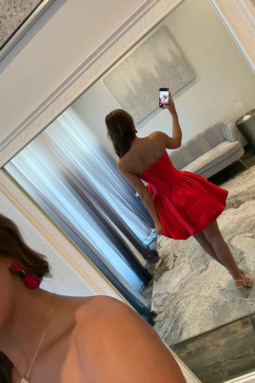 A Line Strapless Bodycon 3D Rose Red Homecoming Dress With Bubble Hem