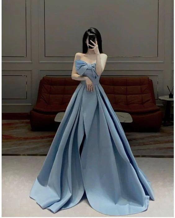 A Line Strapless Bow Satin Blue Long Prom Dress Evening Dress With Slit