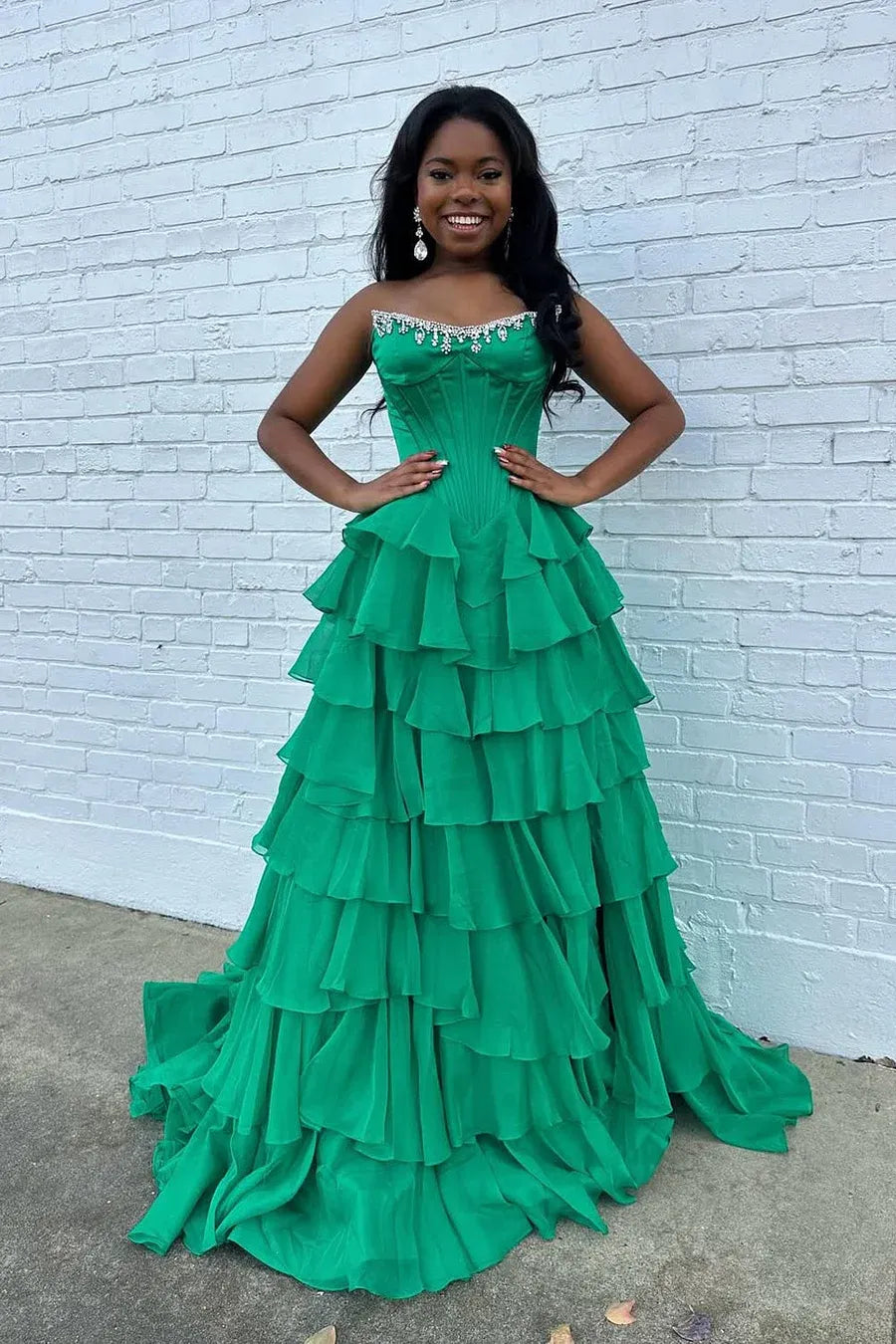 A Line Strapless Corset Beaded Tiered Ruffled Chiffon Green Train Prom Dress