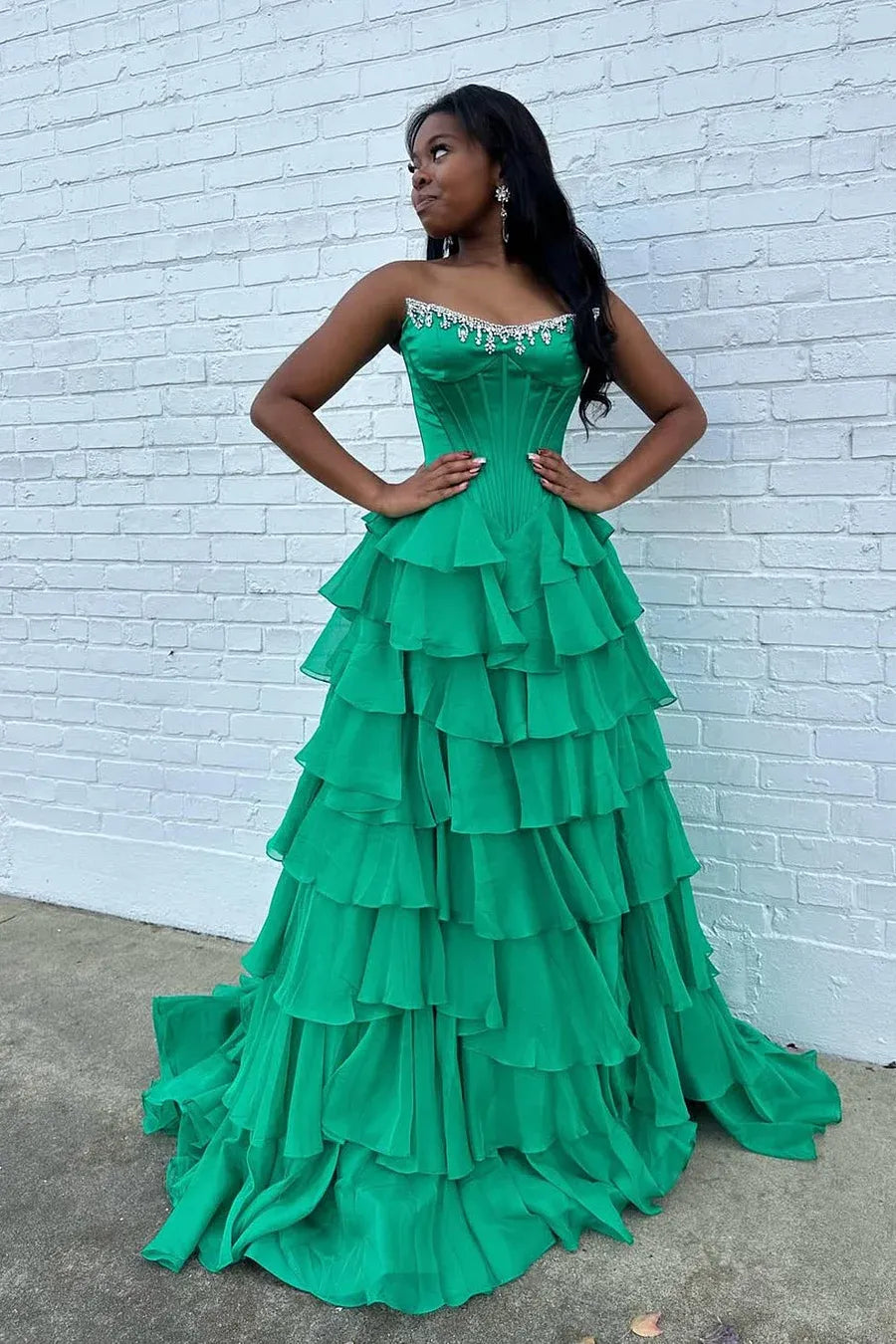 A Line Strapless Corset Beaded Tiered Ruffled Chiffon Green Train Prom Dress