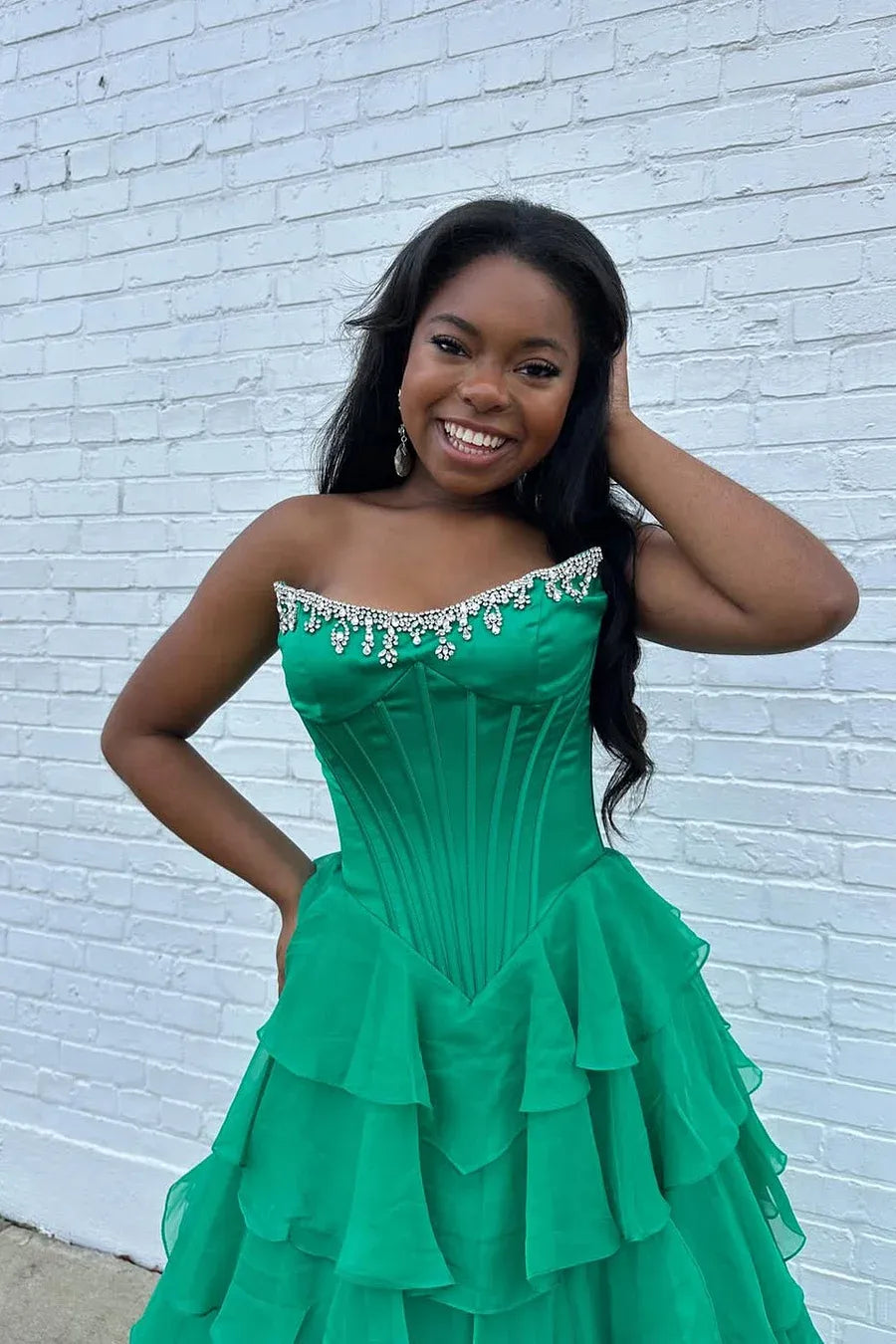A Line Strapless Corset Beaded Tiered Ruffled Chiffon Green Train Prom Dress
