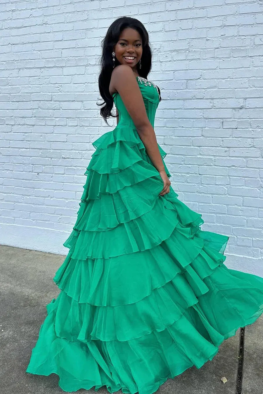 A Line Strapless Corset Beaded Tiered Ruffled Chiffon Green Train Prom Dress