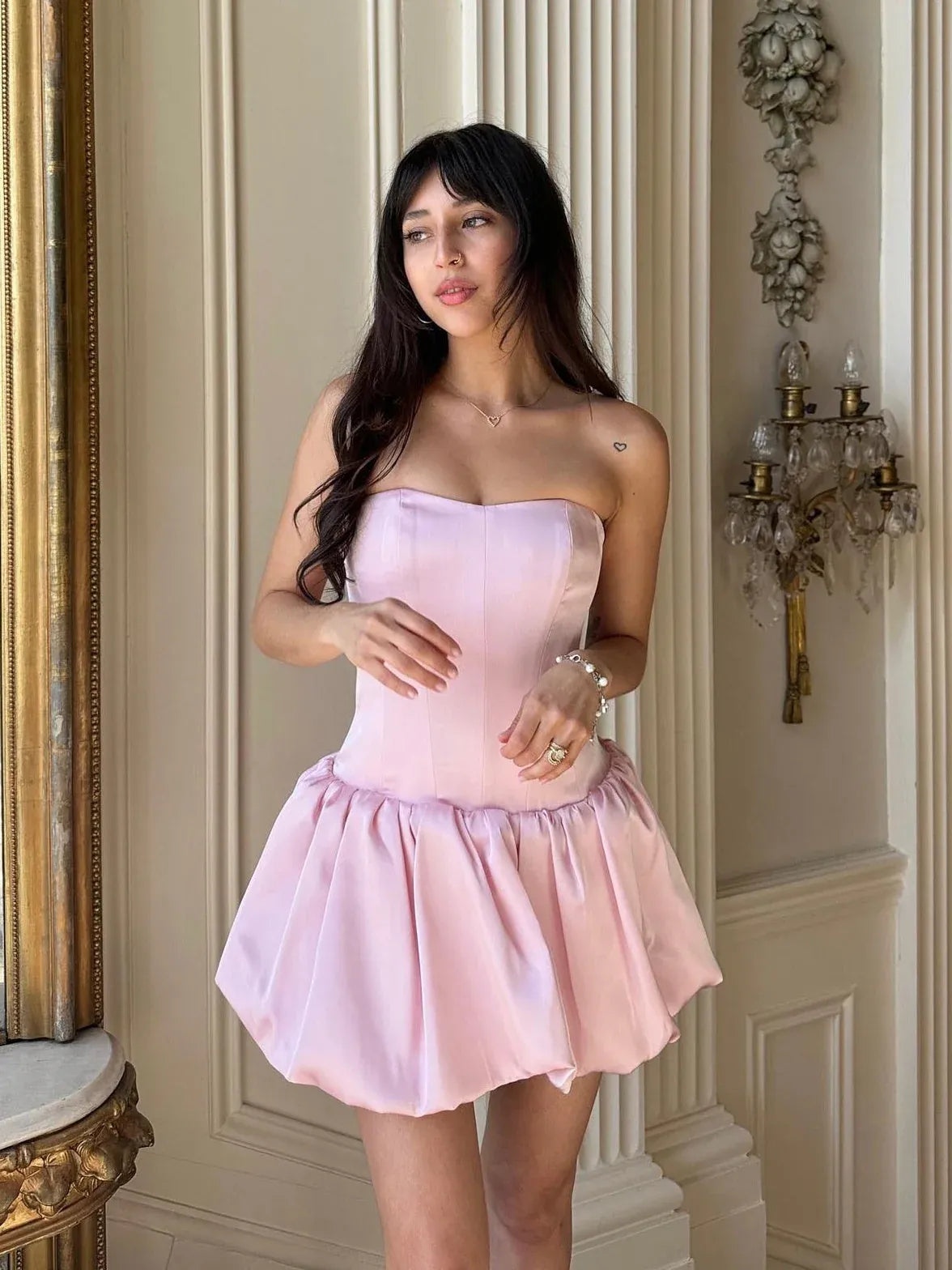 A Line Strapless Corset Lace-Up Back Satin Pink Short Homecoming Dress With Bubble Hem
