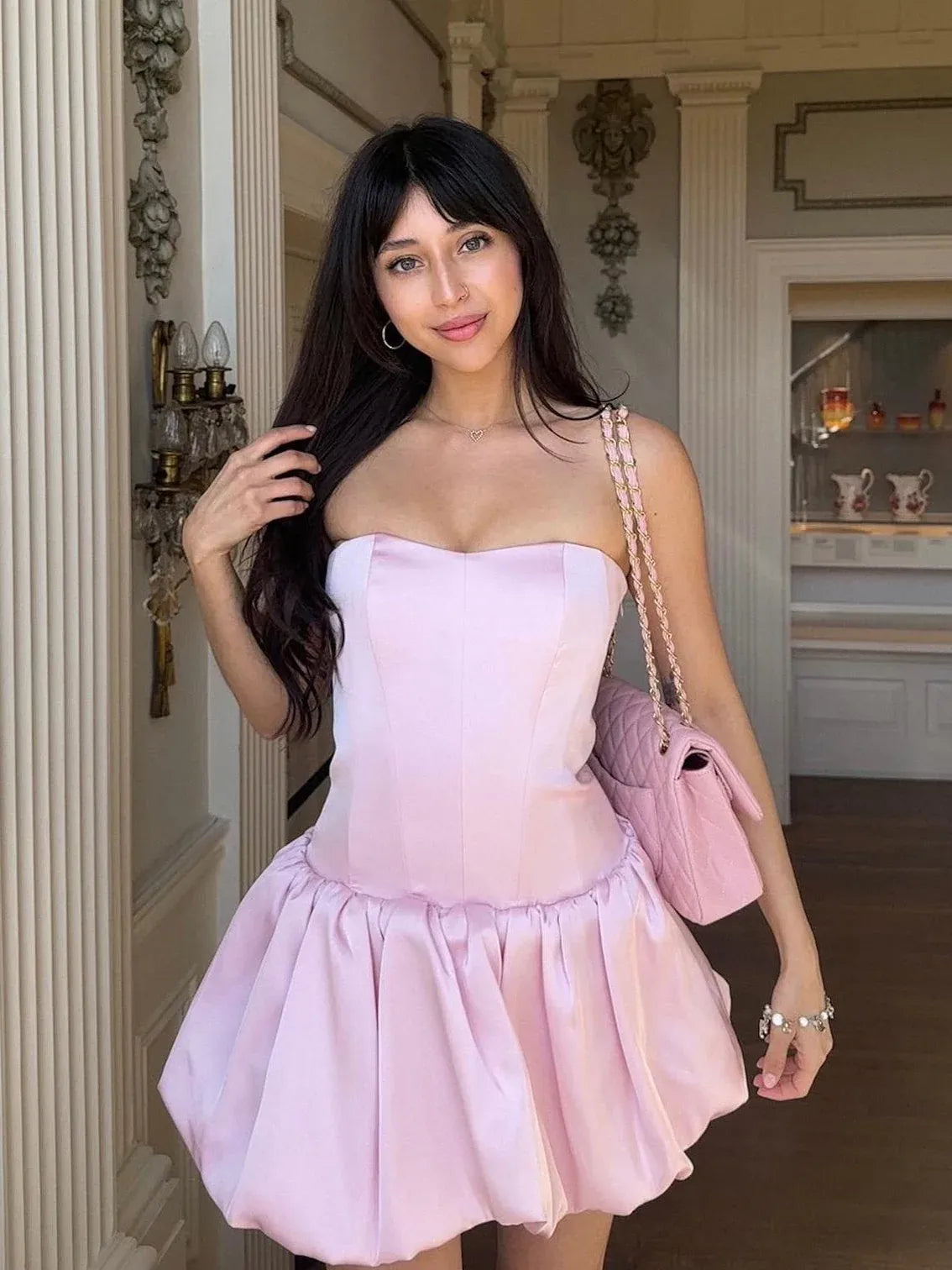 A Line Strapless Corset Lace-Up Back Satin Pink Short Homecoming Dress With Bubble Hem