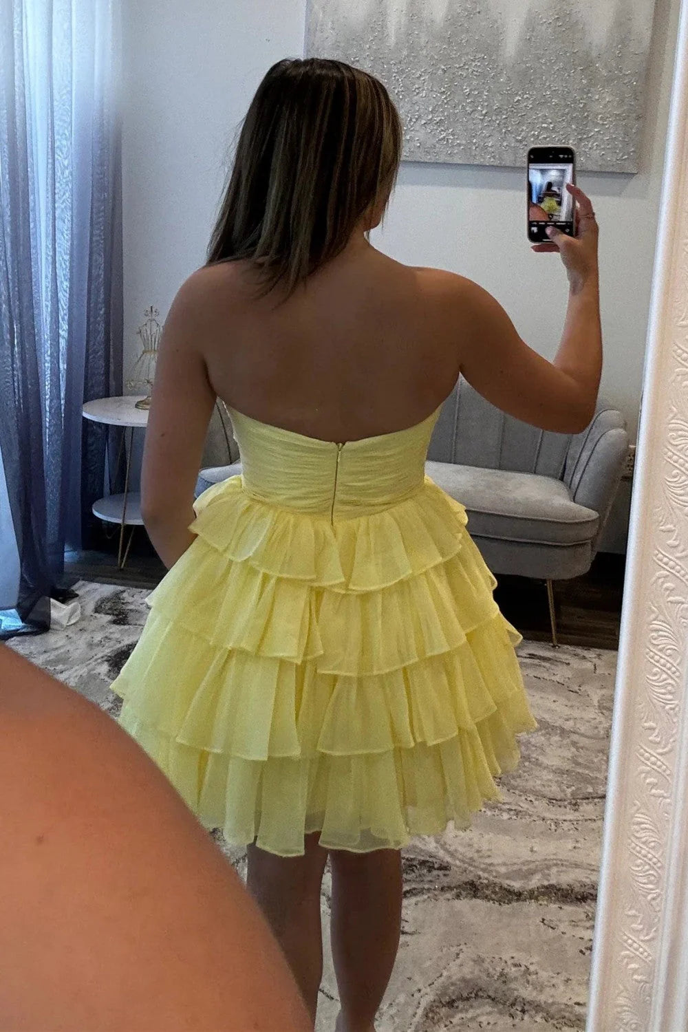 A Line Strapless Pleated Bow Cutout Ruffle Tiered Red Homecoming Dress