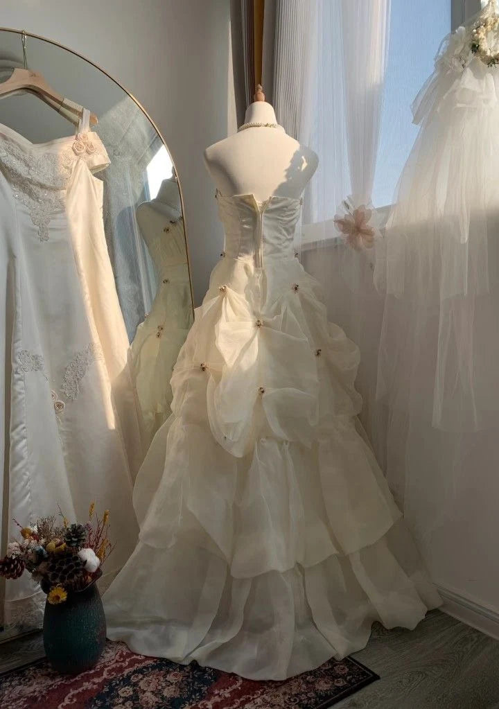 A Line Strapless Pleated Flowers Tulle White Long Prom Dress Princess Dress