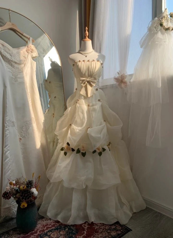 A Line Strapless Pleated Flowers Tulle White Long Prom Dress Princess Dress