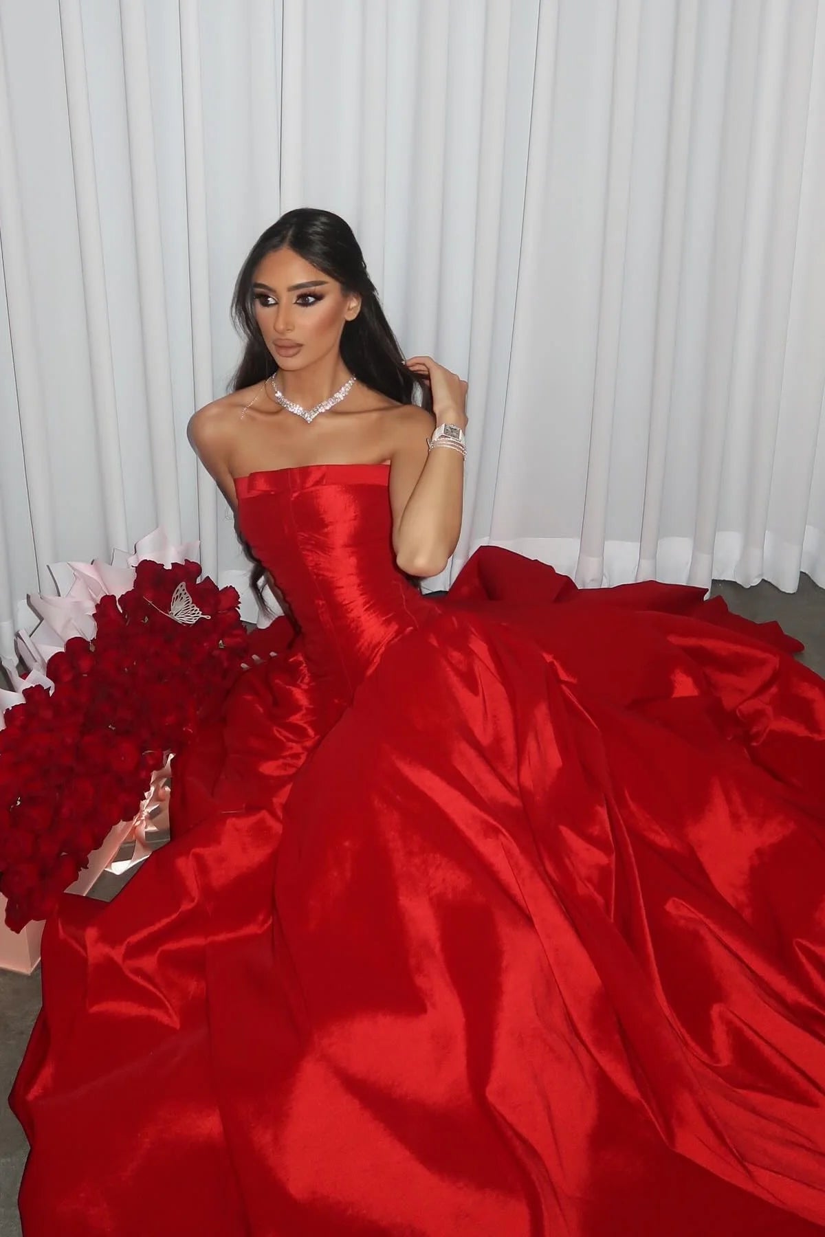 A Line Strapless Pleated Slim Red Long Prom Dress Party Dress