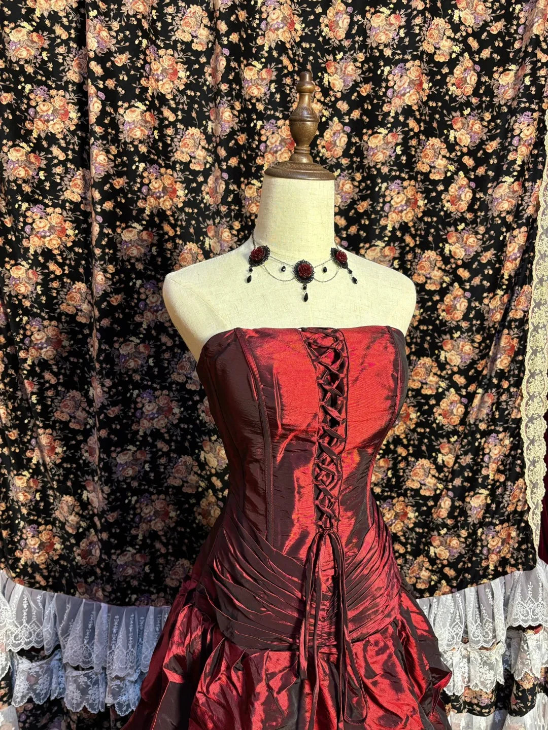 A Line Strapless Pleated Tiered Burgundy Evening Dress Prom Dress