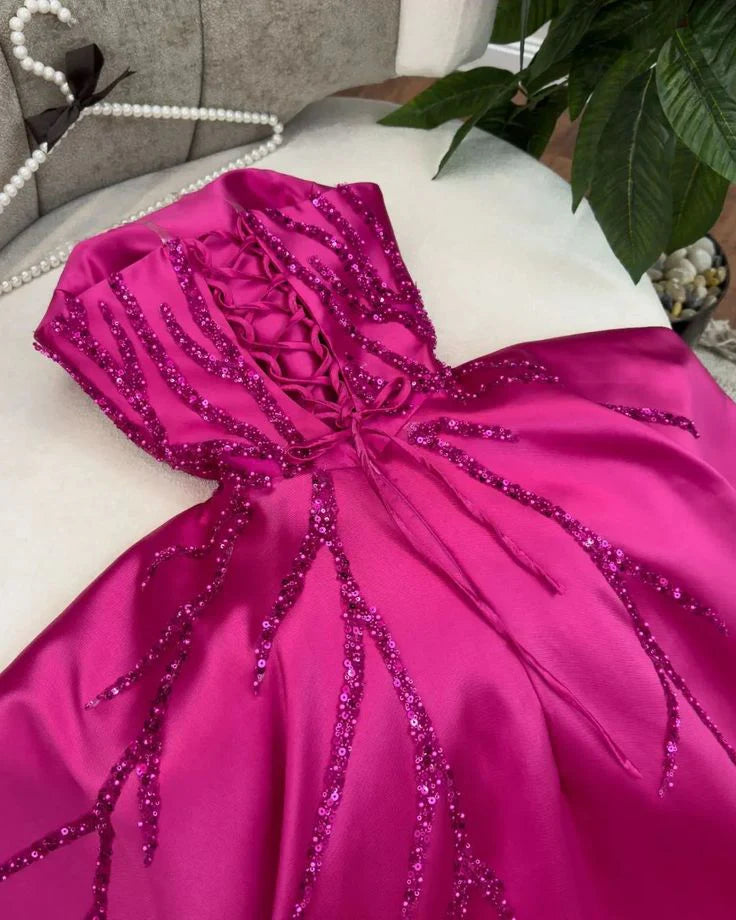 A Line Strapless Sequin Satin Hot Pink Long Party Dress Prom Dress