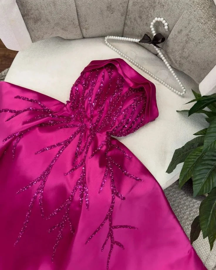 A Line Strapless Sequin Satin Hot Pink Long Party Dress Prom Dress