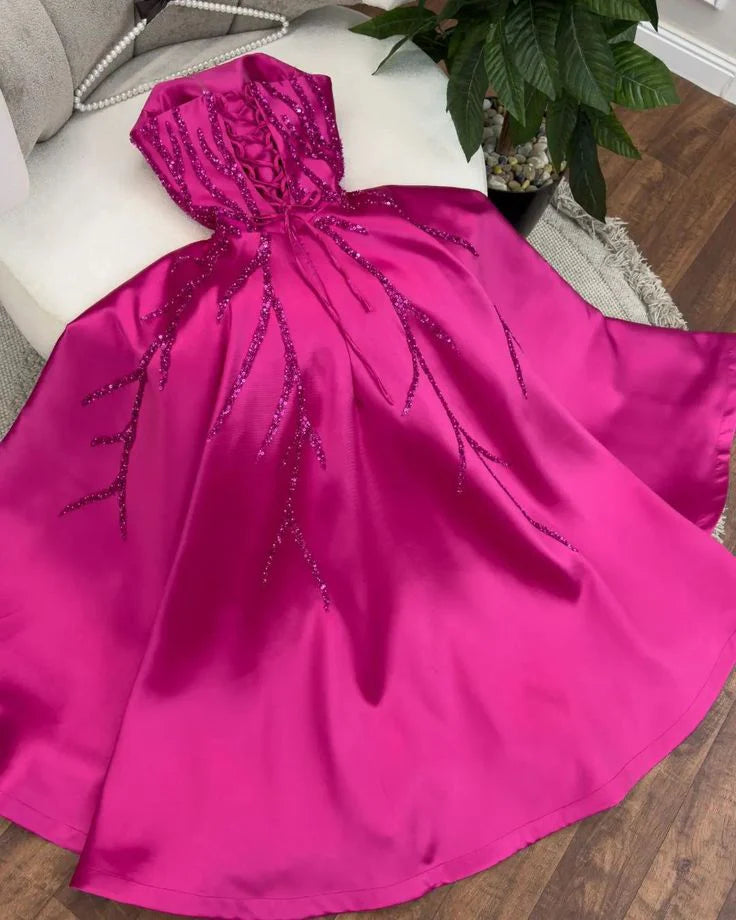 A Line Strapless Sequin Satin Hot Pink Long Party Dress Prom Dress