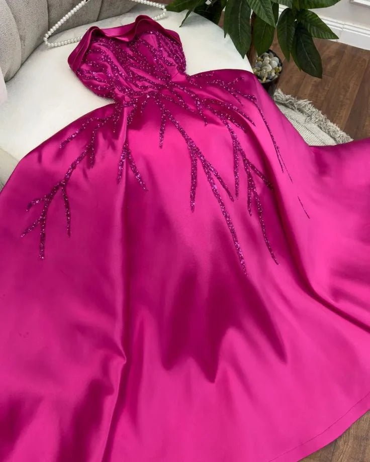 A Line Strapless Sequin Satin Hot Pink Long Party Dress Prom Dress