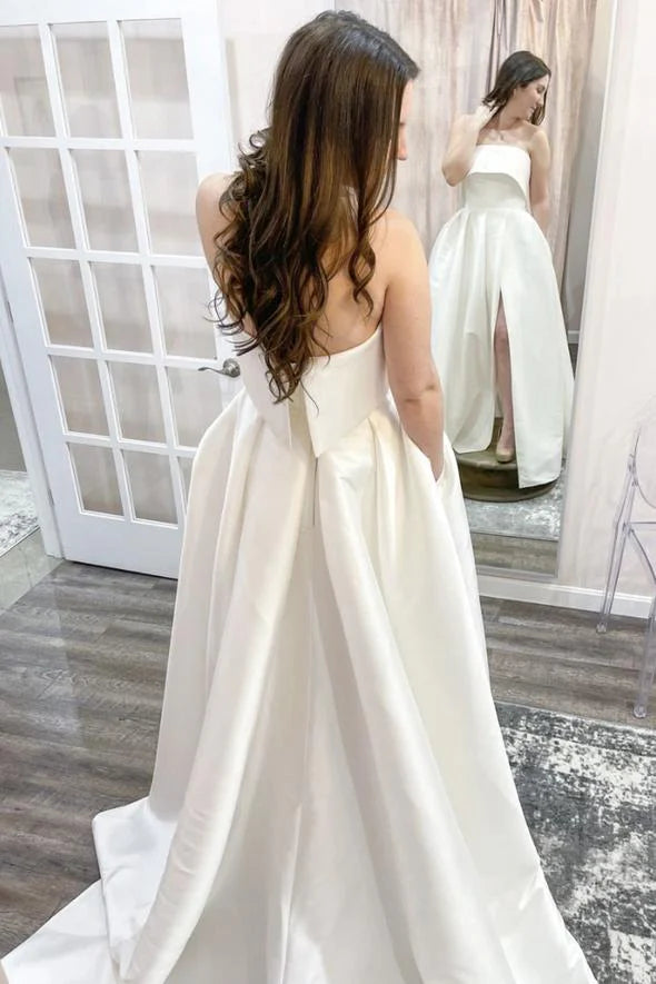 A Line Strapless Slit Satin White Long Prom Dress With Pockets
