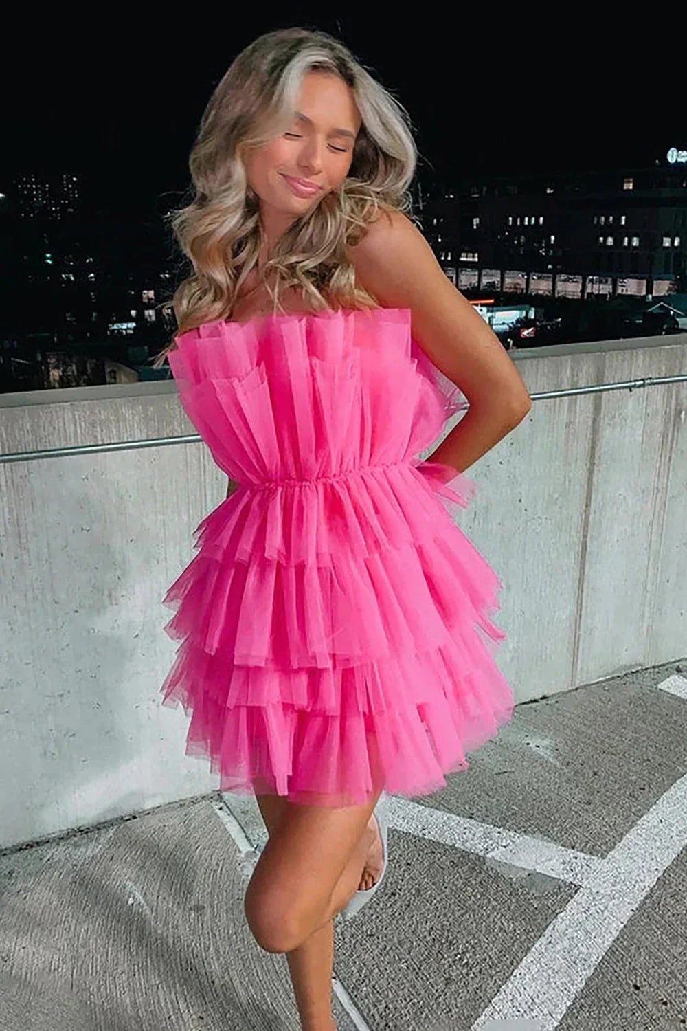 A Line Strapless Tiered Tulle Hot Pink Short Homecoming Dress Hot Sale