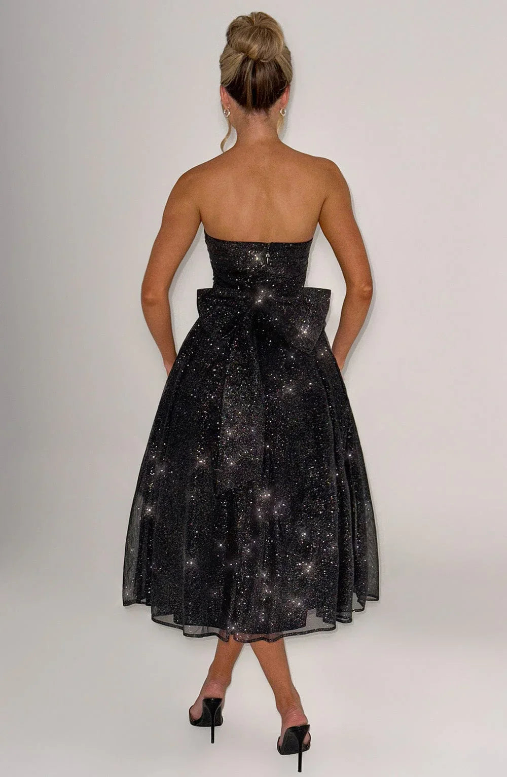 A Line Strapless Tulle Prom Dress with Bow Sparkle Cocktail Party Dress Tea Length Evening Dance Ball Gown 2025