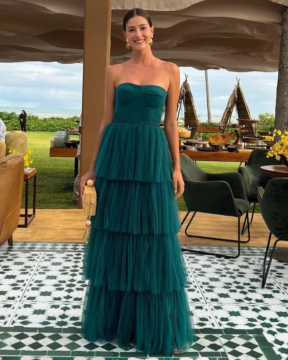 A Line Straples Tulle Velvets Dark Green Long Prom Dress Evening Dress