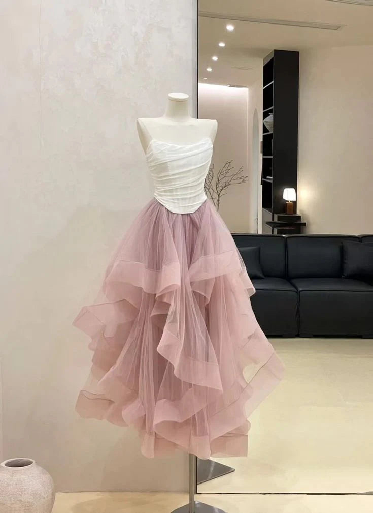 A Line Strapless Tulle White And Pink Long Prom Dress With Asymmetrical Hem