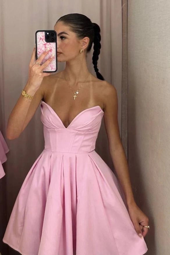 A Line Sweetheart Corset Satin Pink Knee Length Homecoming Dress Party Dress