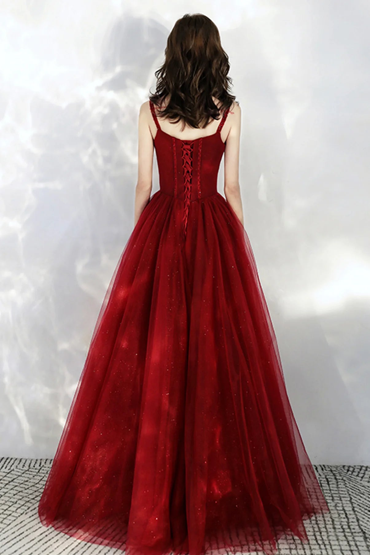 A Line Sweetheart Corset Tulle Burgundy Long Prom Dress Evening Dress