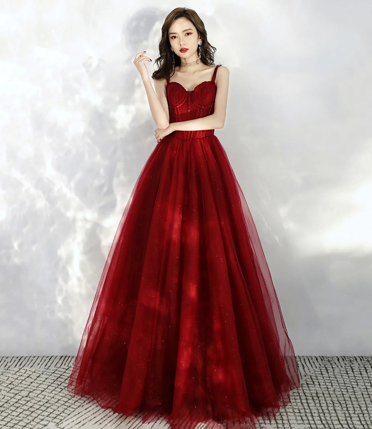 A Line Sweetheart Corset Tulle Burgundy Long Prom Dress Evening Dress
