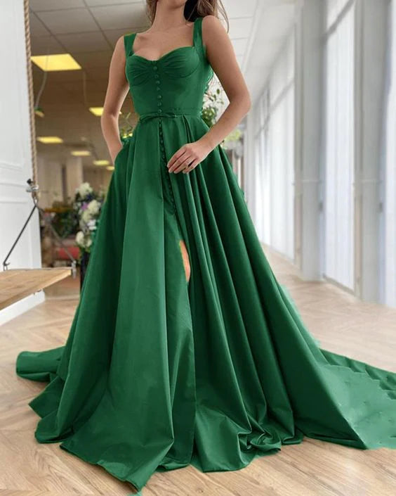 A Line Sweetheart High Slit Satin Emerald Green Prom Dress With Buttons