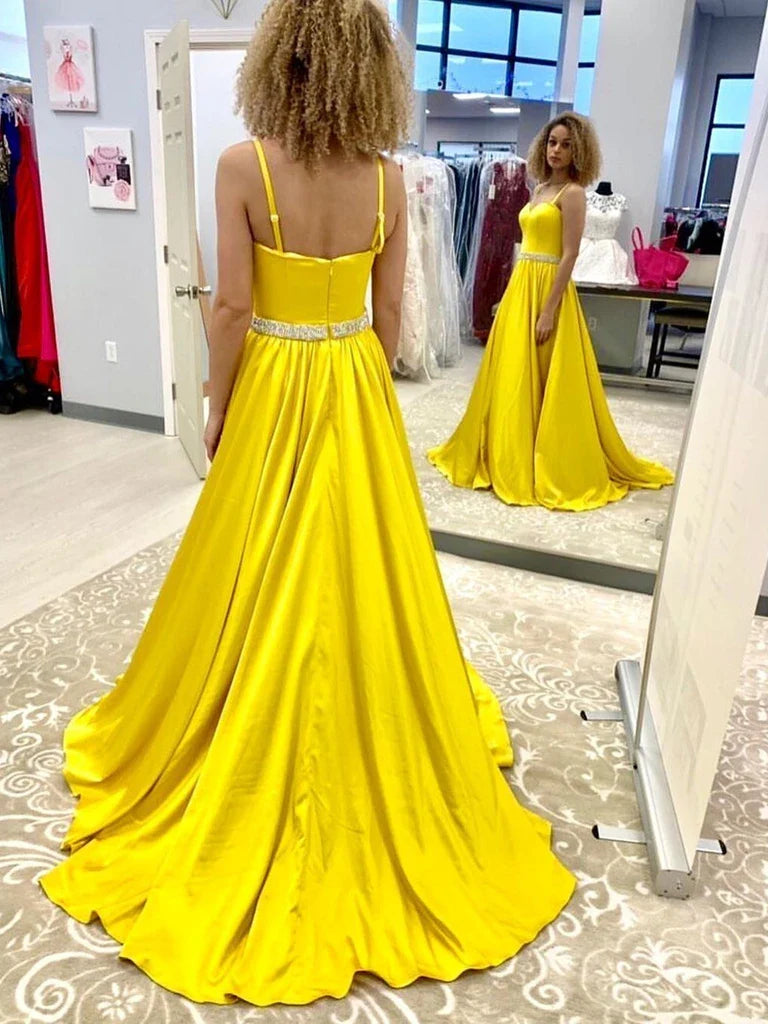 A Line Sweetheart High Slit Yellow Long Prom Dress With Beaded Belt