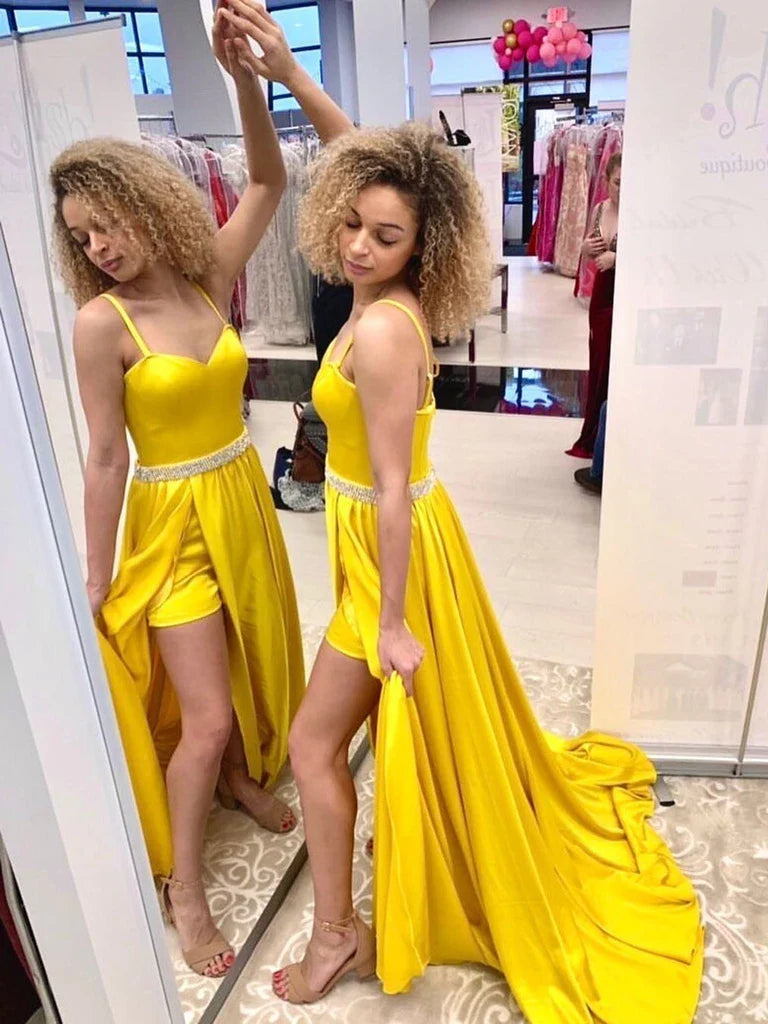 A Line Sweetheart High Slit Yellow Long Prom Dress With Beaded Belt