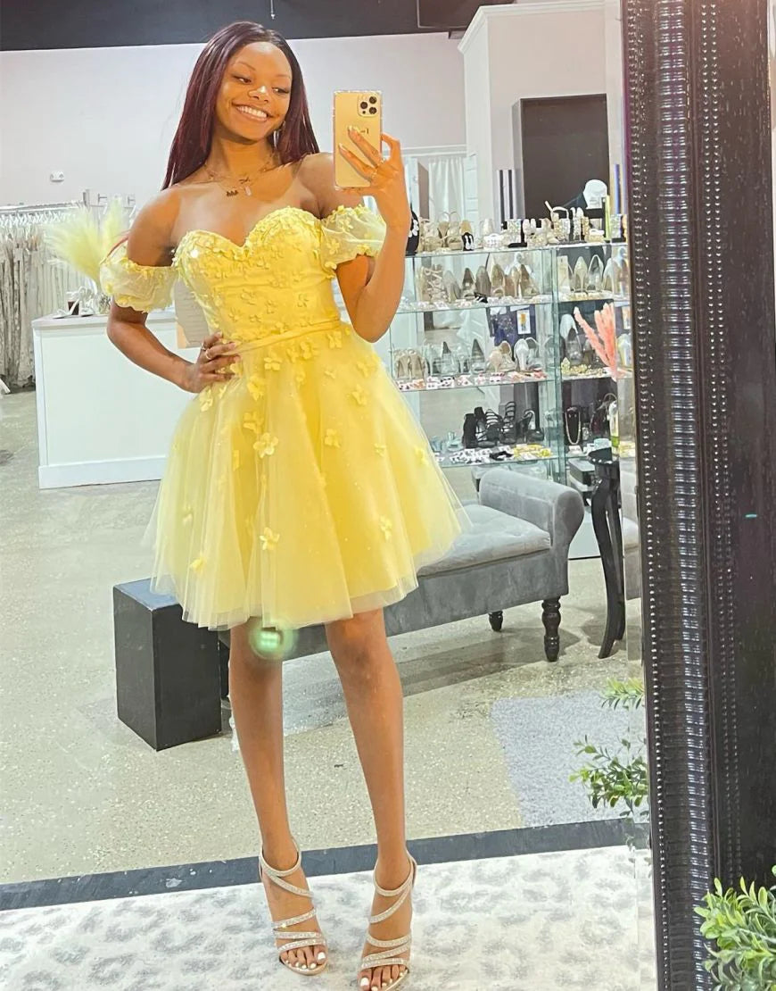 A Line Sweetheart Off The Shoulder Yellow Homecoming Dress With Appliques