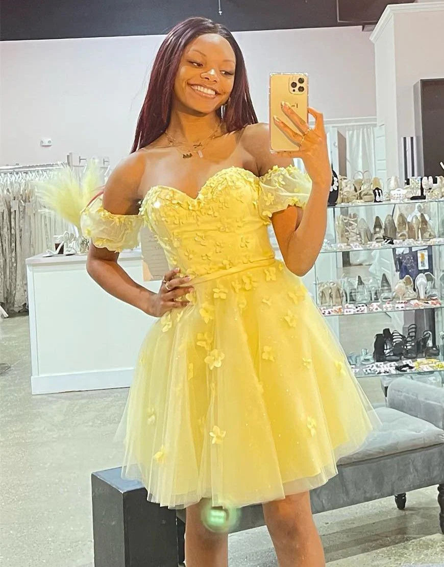 A Line Sweetheart Off The Shoulder Yellow Homecoming Dress With Appliques