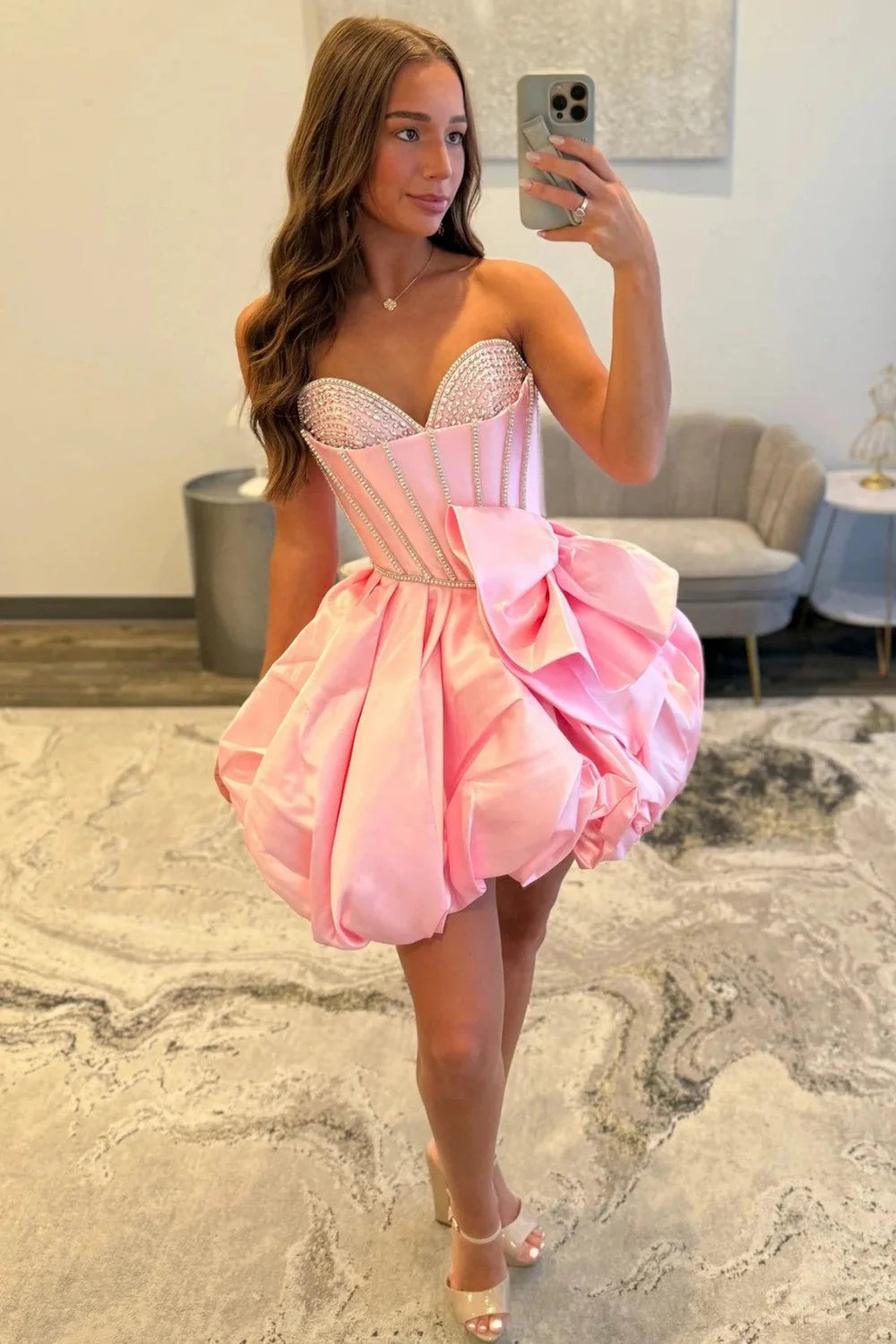 A Line Sweetheart Rhinestone Corset Bow Pink Homecoming Dress With Bubble Hem