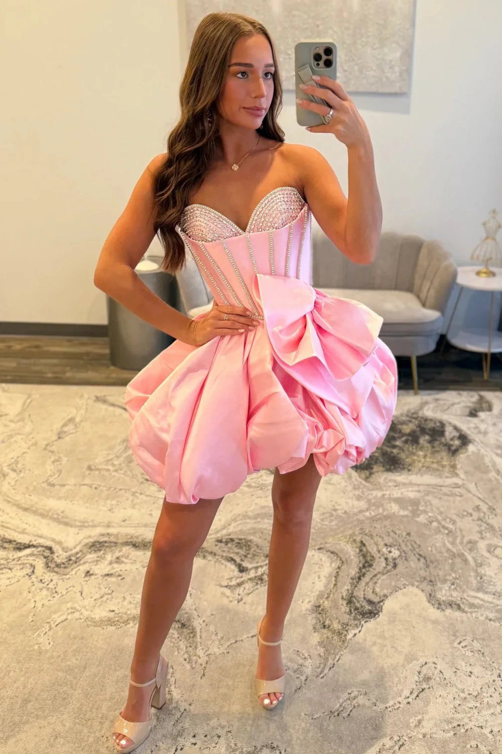 A Line Sweetheart Rhinestone Corset Bow Pink Homecoming Dress With Bubble Hem