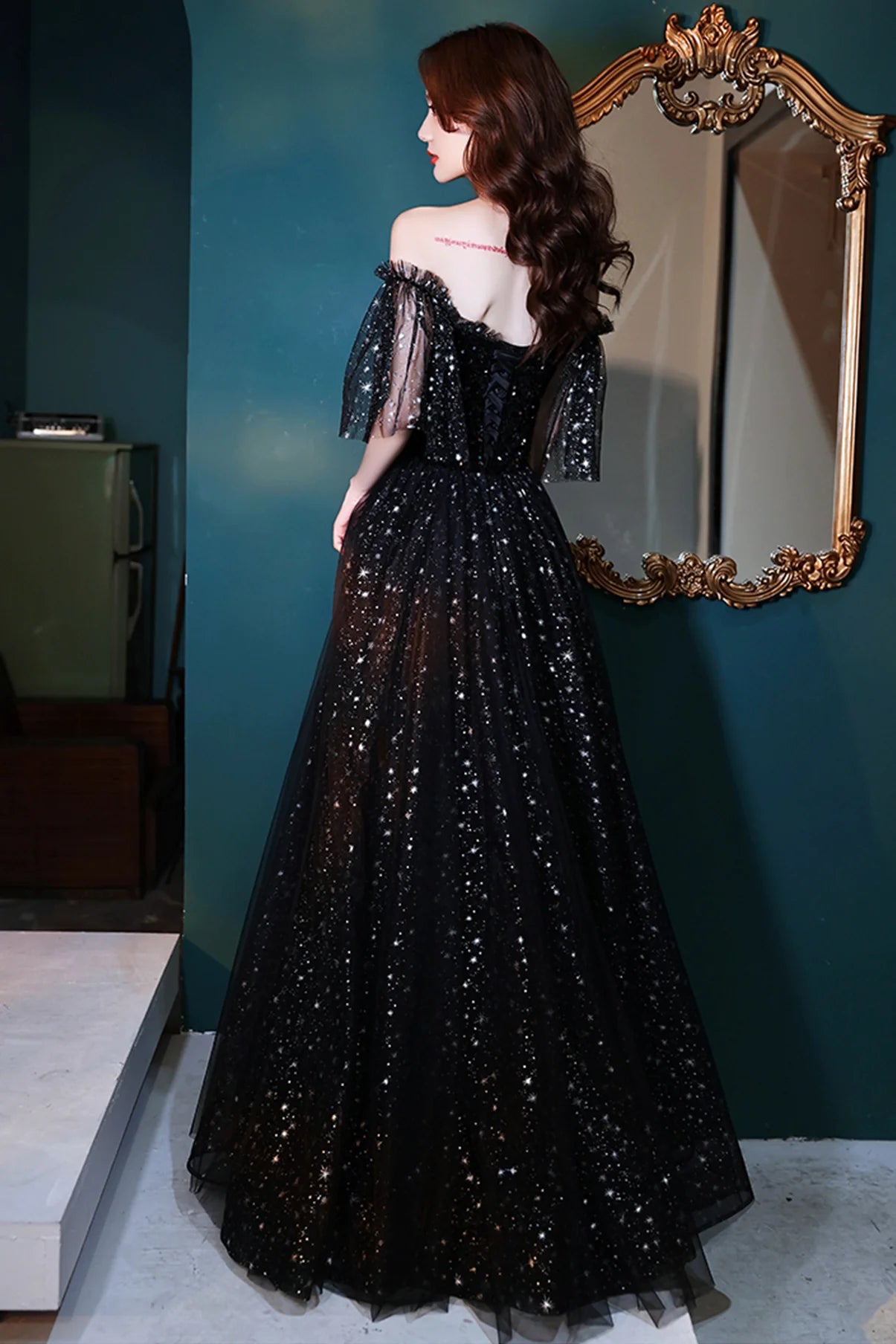 A Line Sweetheart Sequins Tulle Black Long Prom Dress Evening Dress
