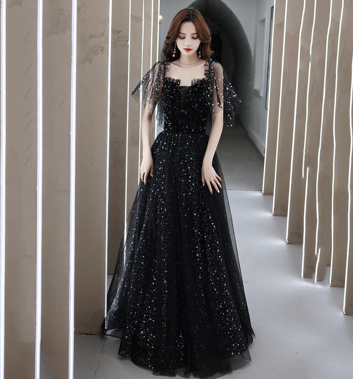 A Line Sweetheart Sequins Tulle Black Long Prom Dress Evening Dress