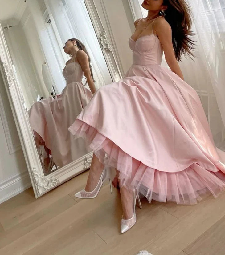 A Line Sweetheart Spaghetti Straps Pink Midi Prom Dress Evening Dress