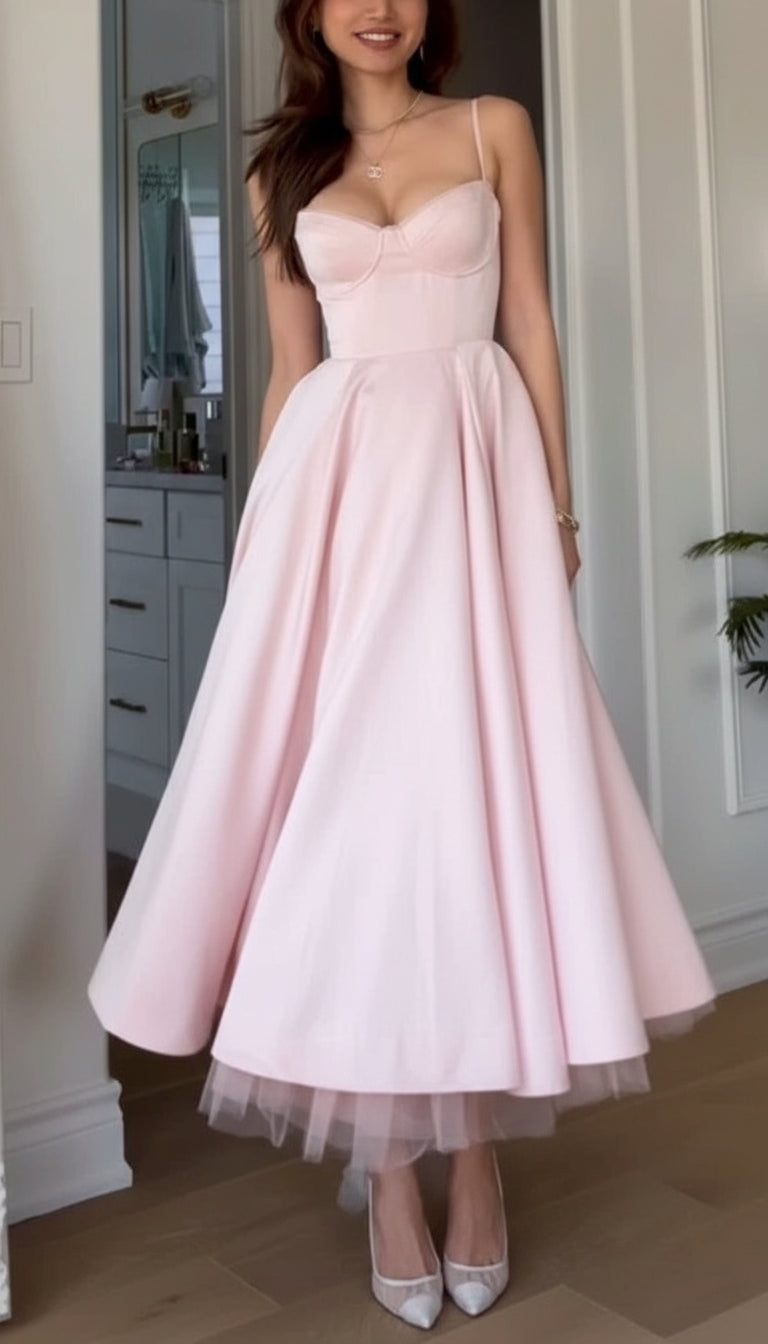 A Line Sweetheart Spaghetti Straps Pink Midi Prom Dress Evening Dress