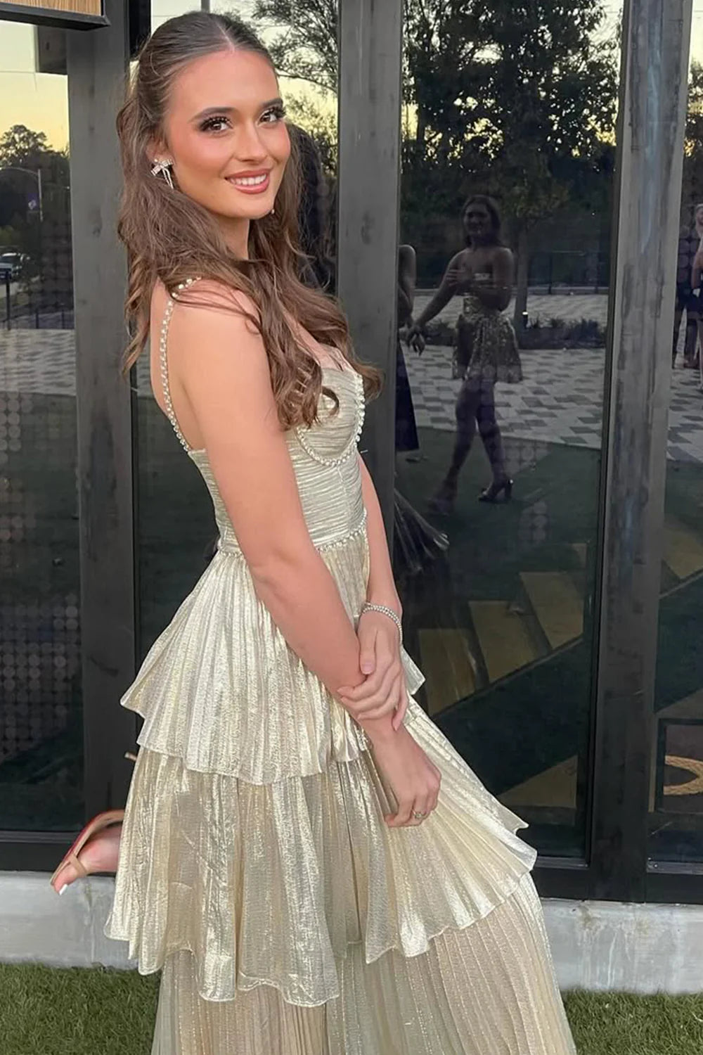 A Line Sweetheart Spaghetti Straps Ruffles Champagne Tea Length Prom Dress