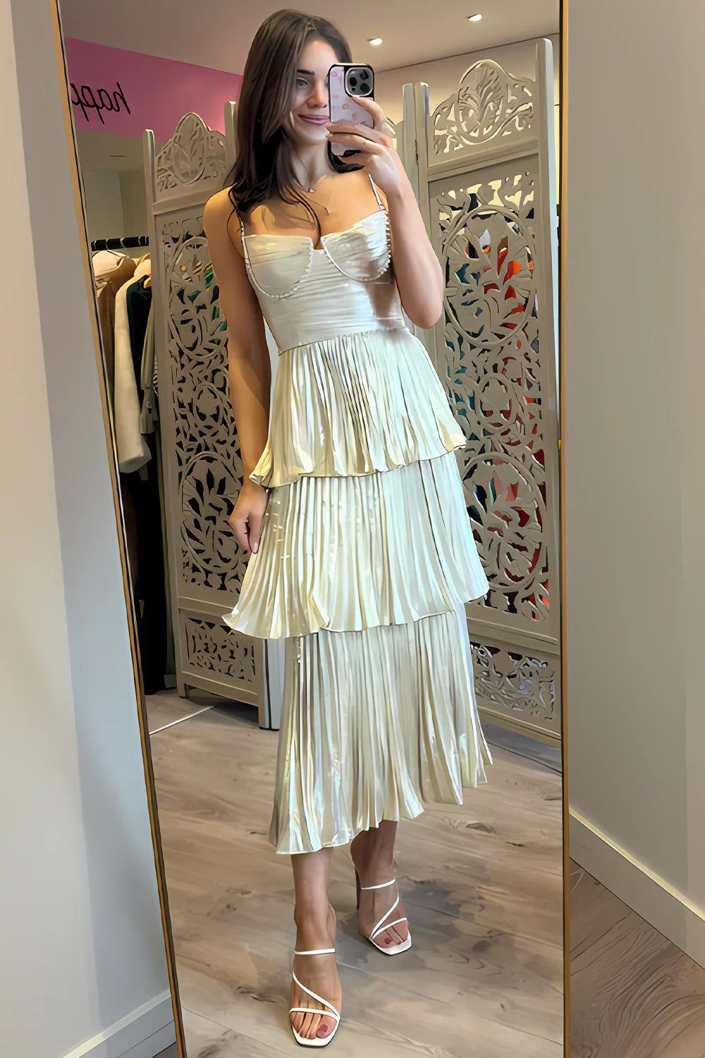 A Line Sweetheart Spaghetti Straps Ruffles Champagne Tea Length Prom Dress