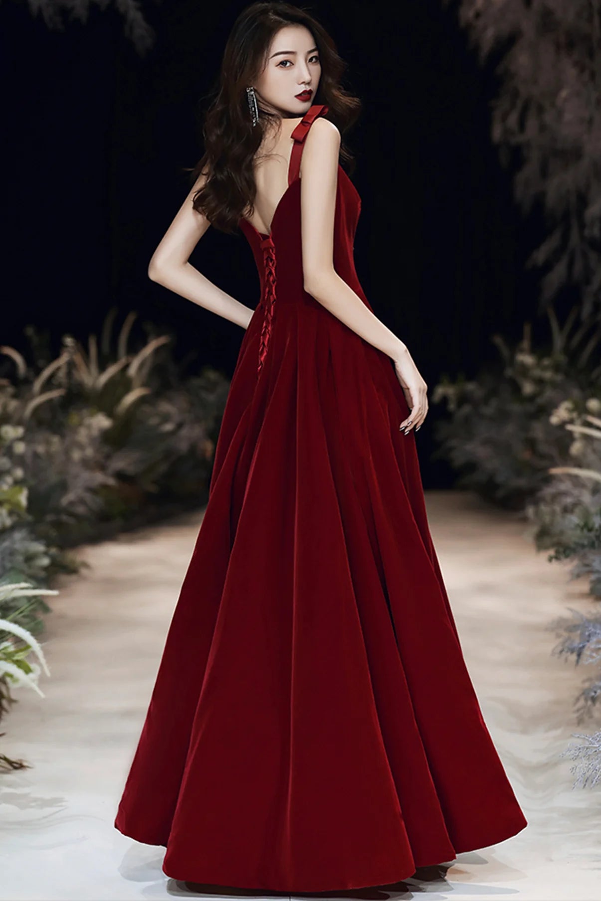 A Line Sweetheart Velvet Burgundy Long Prom Dress Evening Dress