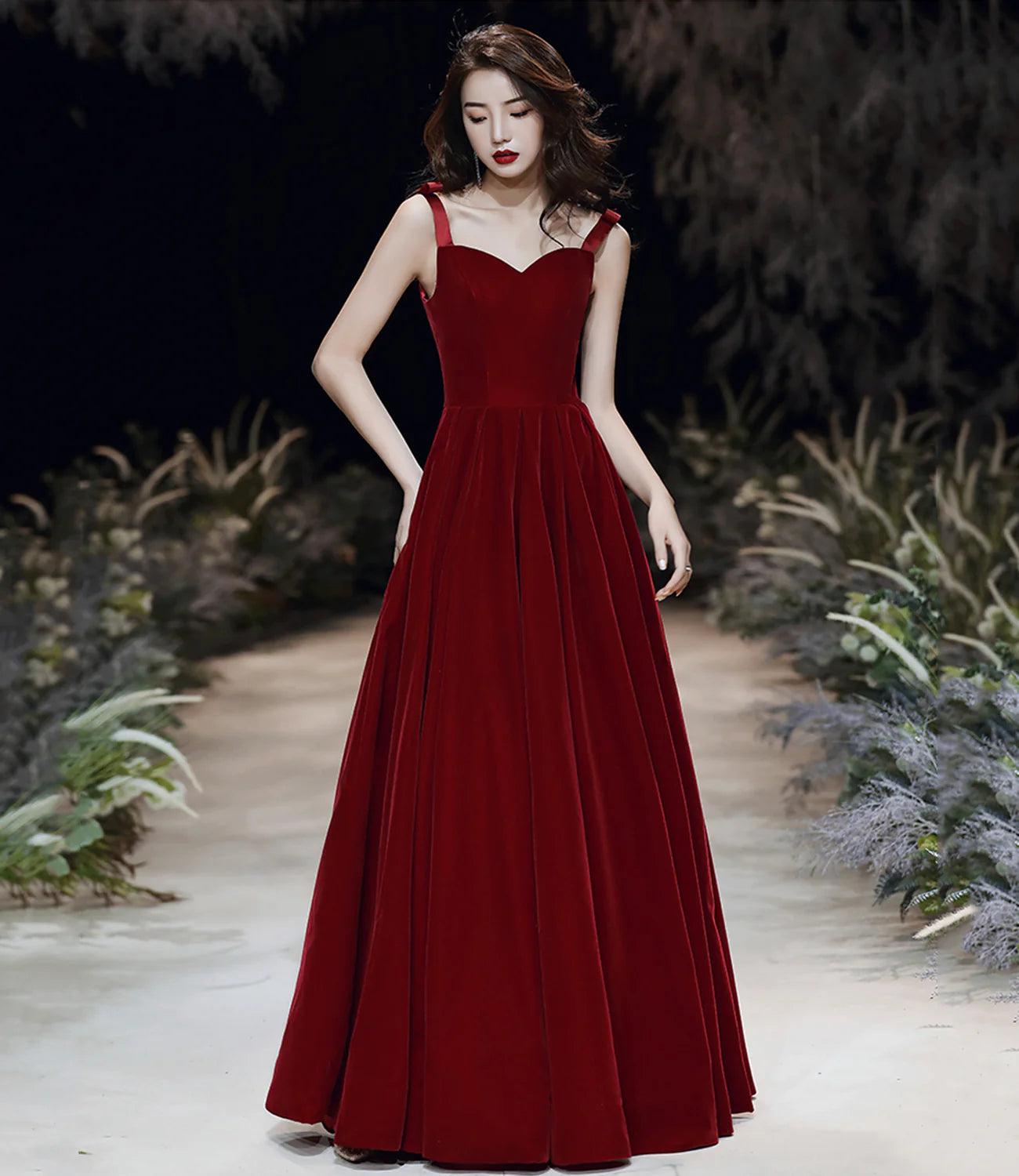 A Line Sweetheart Velvet Burgundy Long Prom Dress Evening Dress