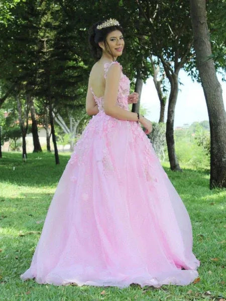 A Line V-Neck 3D Floral Open Back Glitter Tulle Pink Long Prom Dress