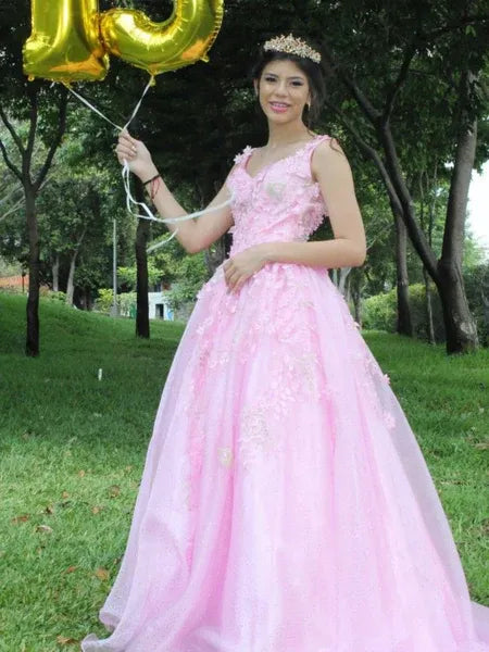 A Line V-Neck 3D Floral Open Back Glitter Tulle Pink Long Prom Dress