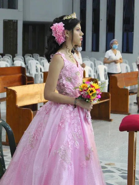 A Line V-Neck 3D Floral Open Back Glitter Tulle Pink Long Prom Dress